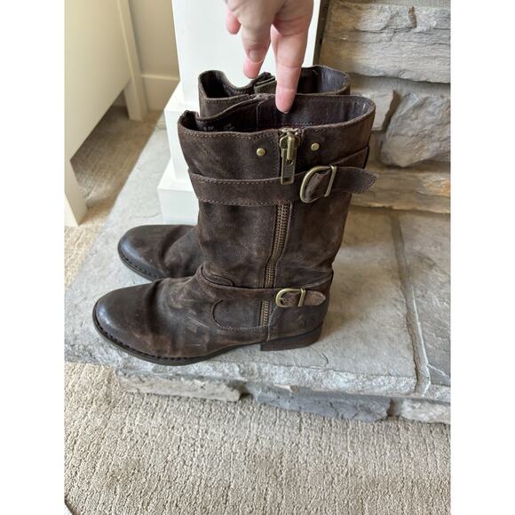 Born Erie Mid-Calf Boots Women 9.5 Choco Brown Leather Distressed Western Buckle - Picture 1 of 9